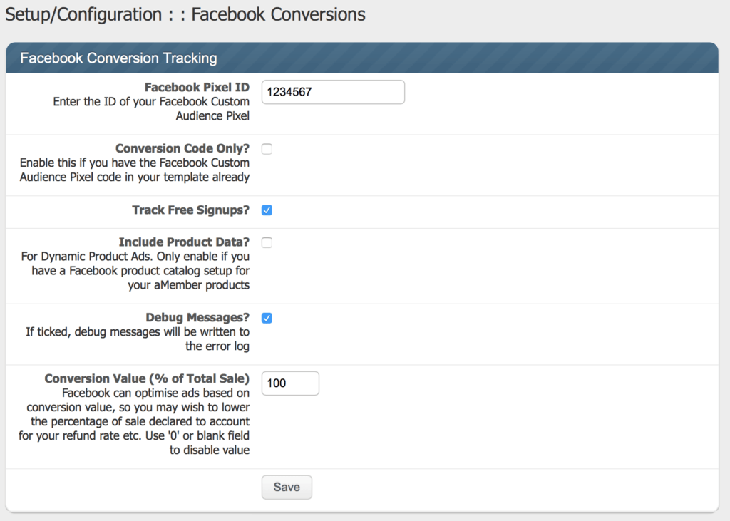 Facebook Ad Conversion Tracking Plugin for aMember 2 fbconversion-settings