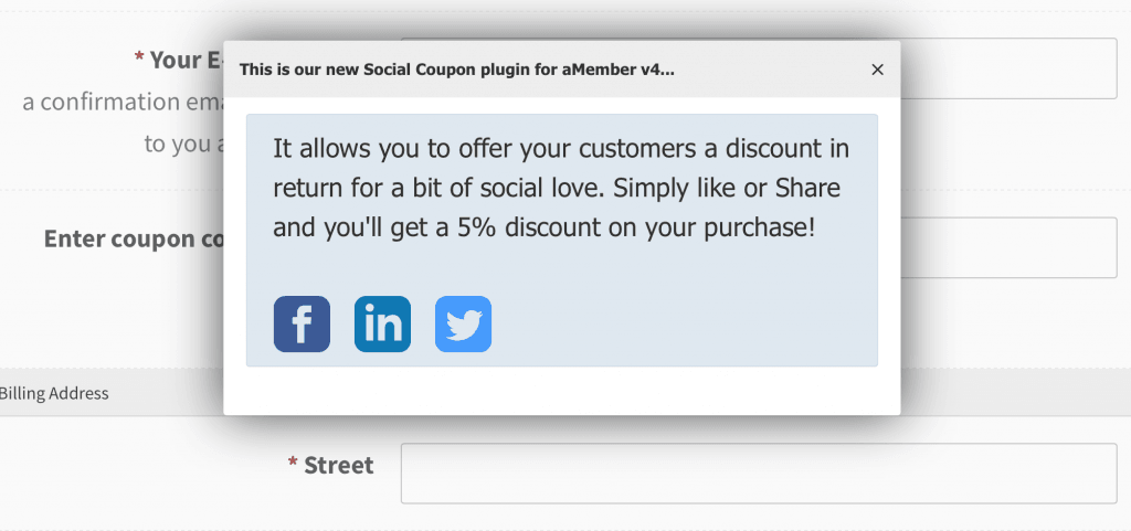 Social Coupon plugin for aMember 1 - social coupon popup